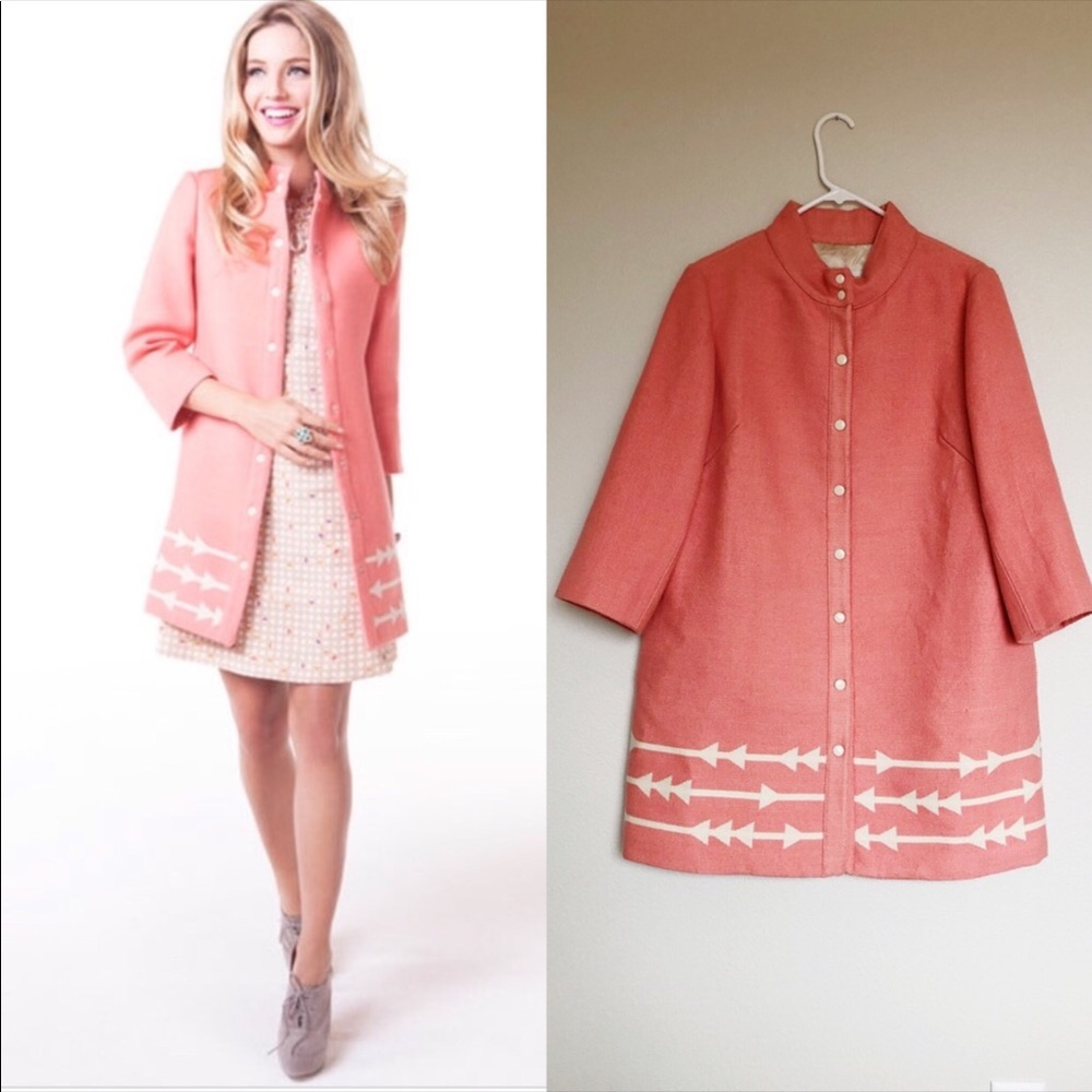 Anthropologie Coral Pink Arrow Trim Wool Coat
